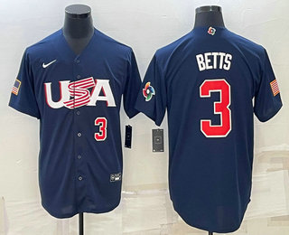 Mens USA Baseball #3 Mookie Betts Number 2023 Navy World Baseball Classic Stitched Jerseys